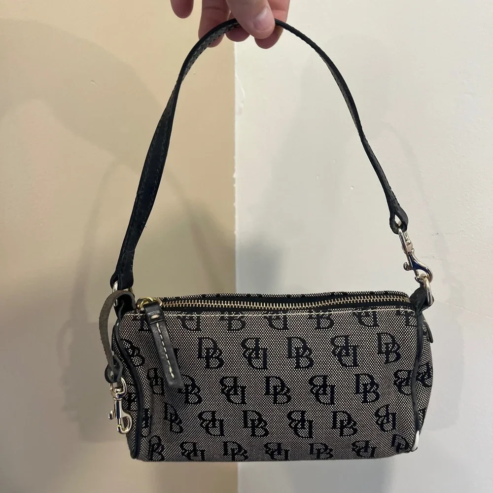 Dooney & Bourke Monogram Pochette Black White Canvas Baguette Shoulder Bag